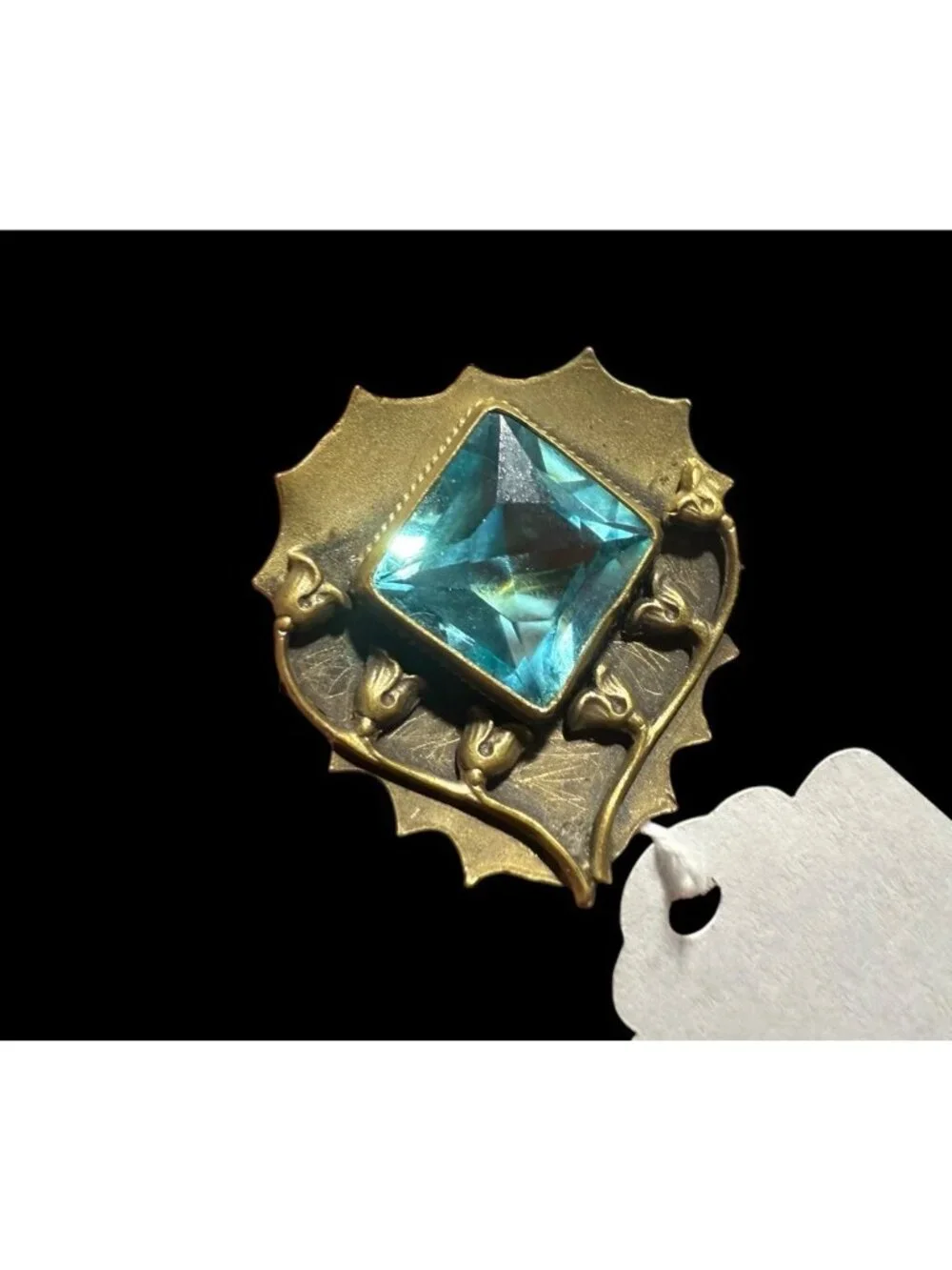 Art Nouveau Floral Brass Square Cut Aqua Crystal Brooch C Clasp Pin